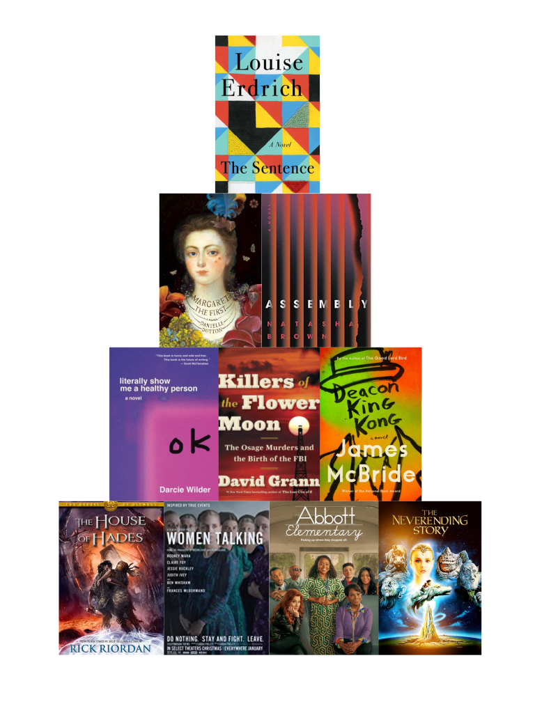 A pyramid of book covers comprised of all the books mentioned in this newsletter: The Sentence on top; Margaret the First and Assembly second row; Literally Show Me a Healthy Person, Killers of the Flower Moon, and Deacon King Kong in the third row; and The House of Hades, the cover of the film Women Talking, the cover of the show Abbott Elementary, and the cover of the film The Neverending Story on the bottom row. 