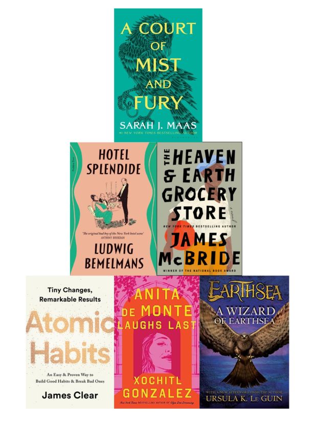 pyramid of book cover images with Atomic Habits by James Clear, Anita de Monte Laughs Last by Xochitl Gonzalez, and A Wizard of Earthsea by Ursula K. Le Guin on the bottom; Hotel Splendide by Ludwig Bemelmans and The Heaven and Earth Grocery Store by James McBride in the middle; A Court of Mist and Fury by Sarah J. Maas on top.