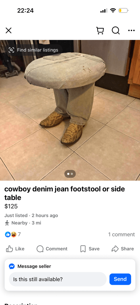 Facebook marketplace listings of "cowboy denim jean footstool or side table" and "vintage cowboy coffee table"